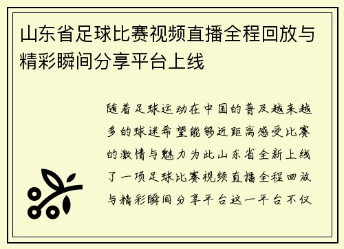 山东省足球比赛视频直播全程回放与精彩瞬间分享平台上线